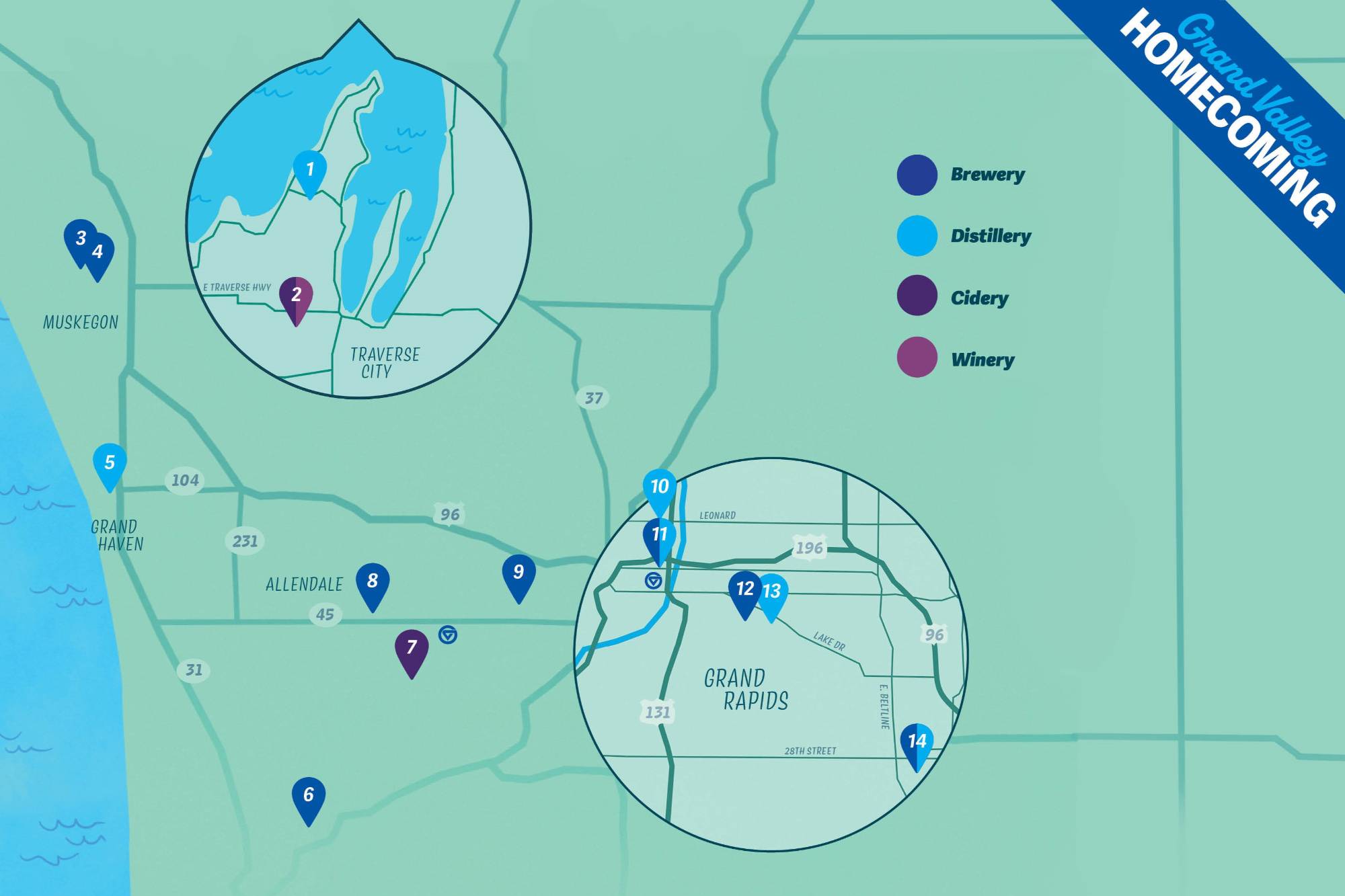 Map showing locations of Ale Trail stops in Michigan